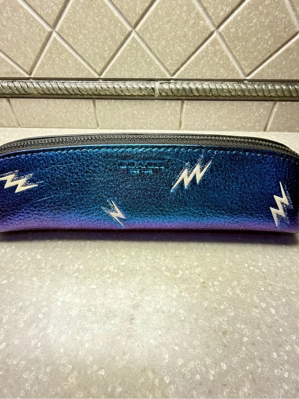 Coach Iridescent Blue Purple Lightning Print Pencil Case